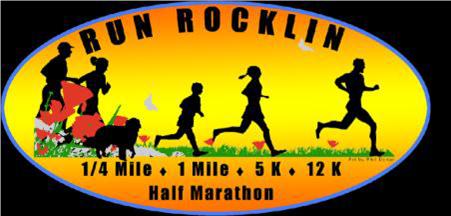 Silhouettes running. text reads: "Run Rocklin, 1/4 mile, 1 mile, 5k, 12k, half marathon